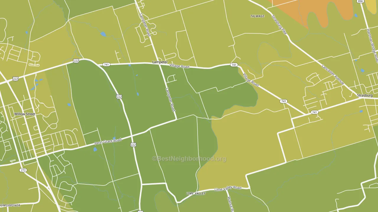 Map of the best neighborhoods in the Lampeter area, with better matches in green and worse matches in red