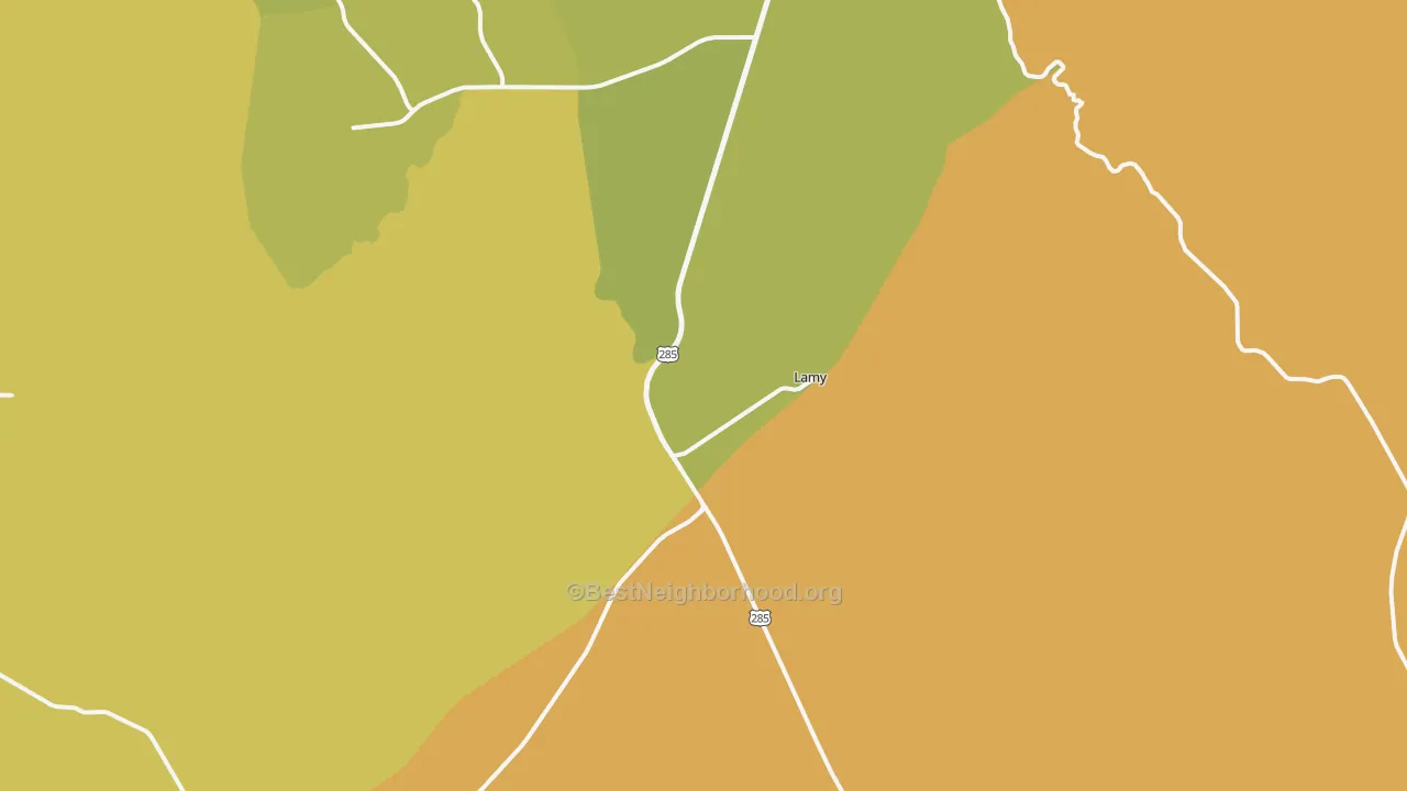 Map of the best neighborhoods in the Lamy area, with better matches in green and worse matches in red