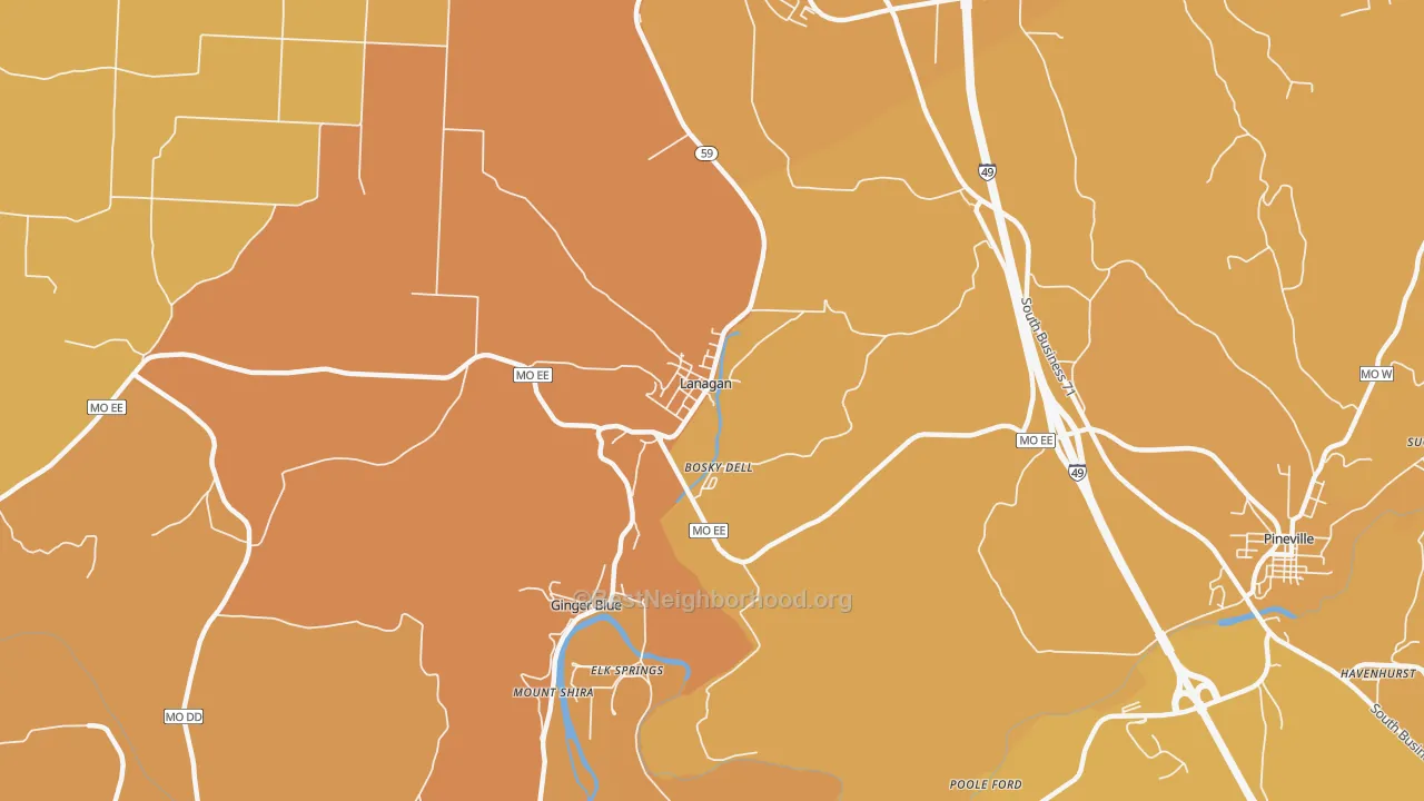 Map of the best neighborhoods in the Lanagan area, with better matches in green and worse matches in red