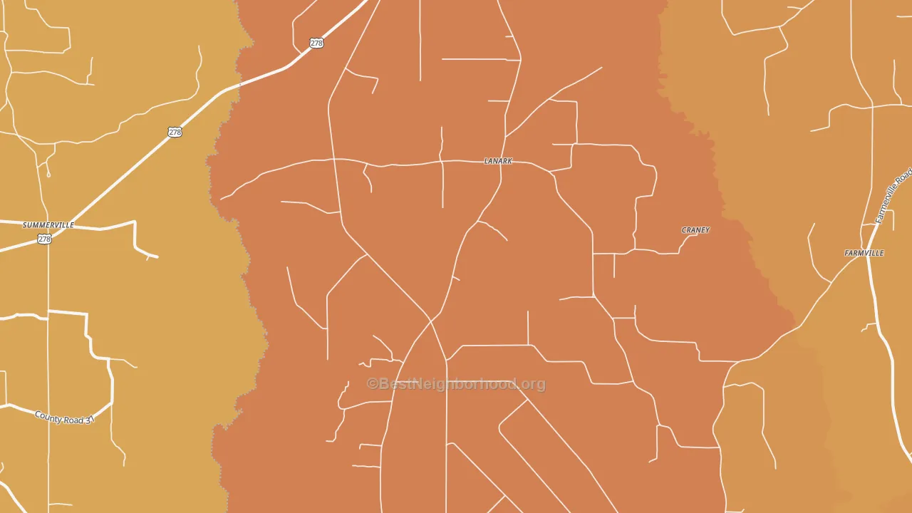 Map of the best neighborhoods in the Lanark area, with better matches in green and worse matches in red