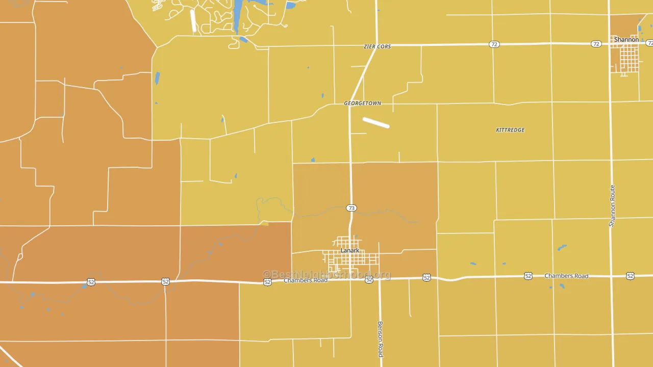Map of the best neighborhoods in the Lanark area, with better matches in green and worse matches in red