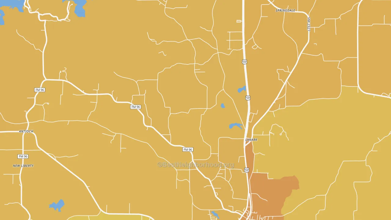 Map of the best neighborhoods in the Lanark area, with better matches in green and worse matches in red