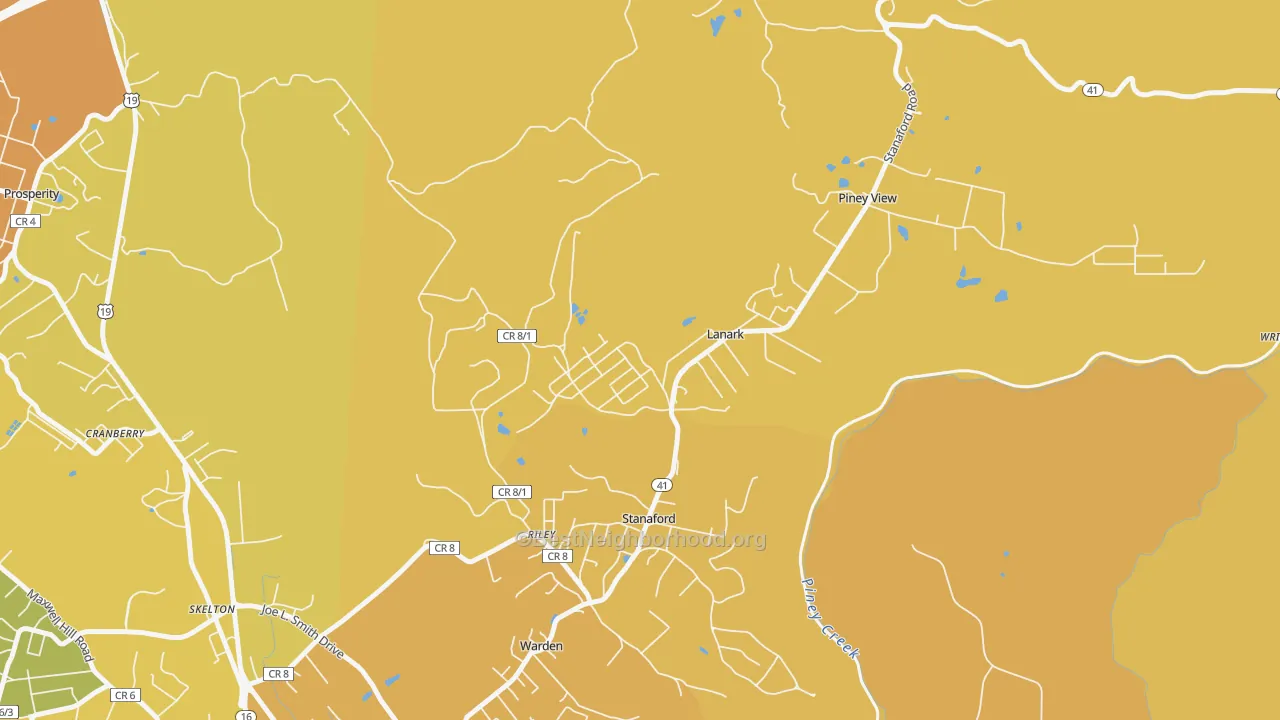Map of the best neighborhoods in the Lanark area, with better matches in green and worse matches in red