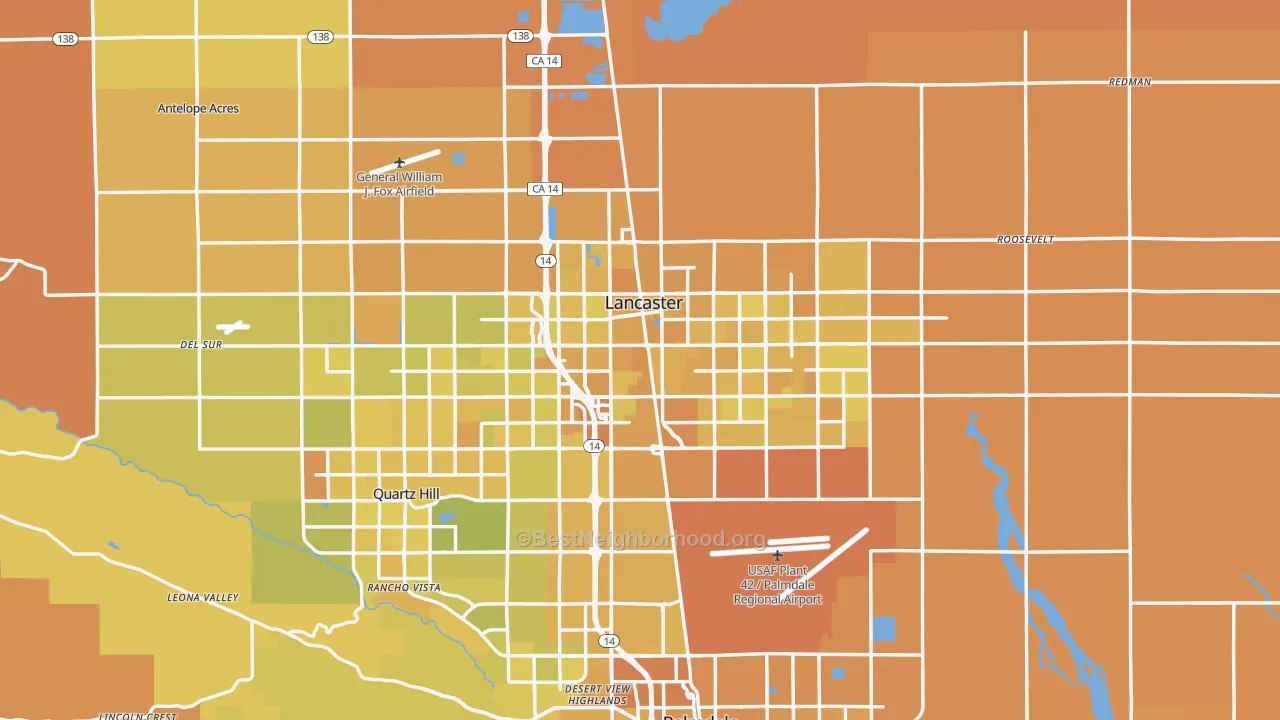 Map of the best neighborhoods in the Lancaster area, with better matches in green and worse matches in red
