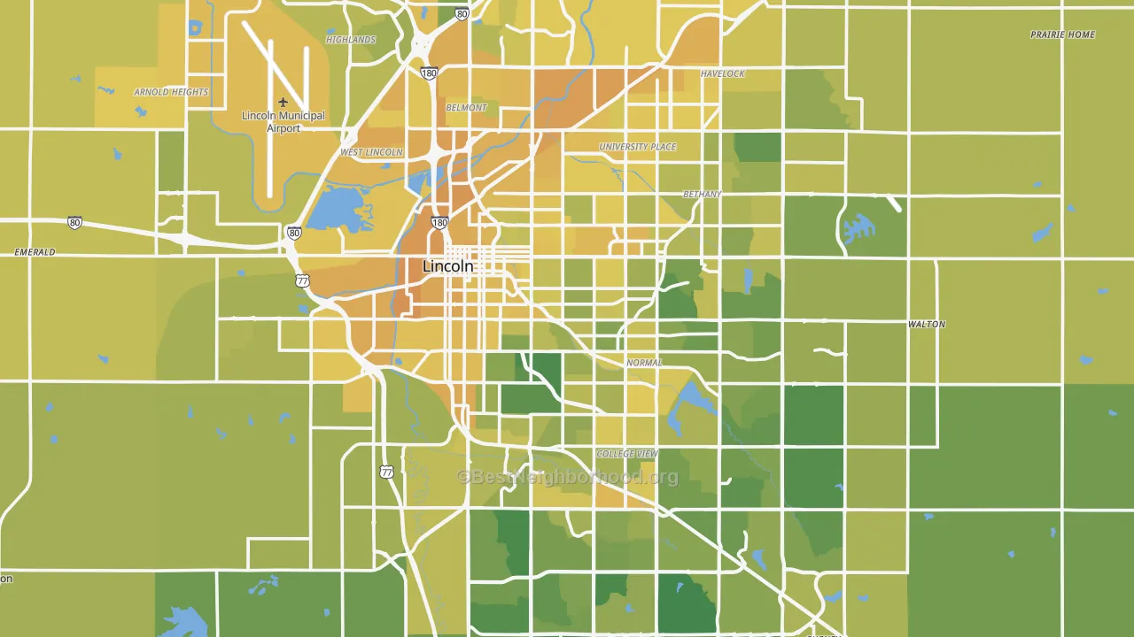 Map of the best neighborhoods in the Lancaster County area, with better matches in green and worse matches in red