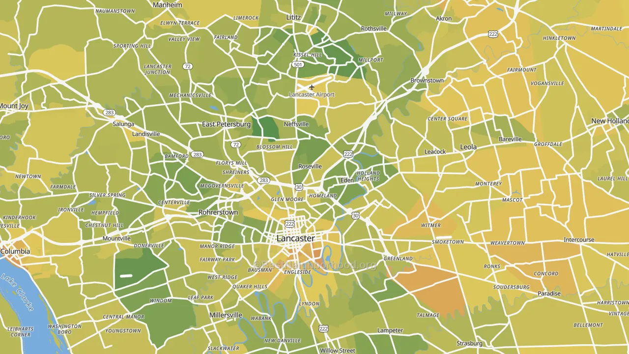Map of the best neighborhoods in the Lancaster County area, with better matches in green and worse matches in red