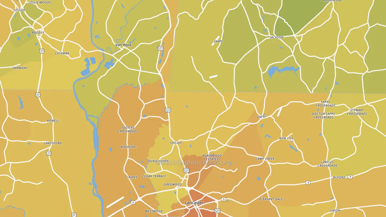 Map of the best neighborhoods in the Lancaster County area, with better matches in green and worse matches in red