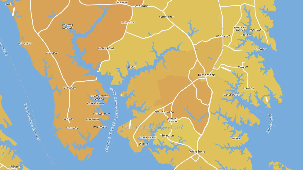 Map of the best neighborhoods in the Lancaster County area, with better matches in green and worse matches in red