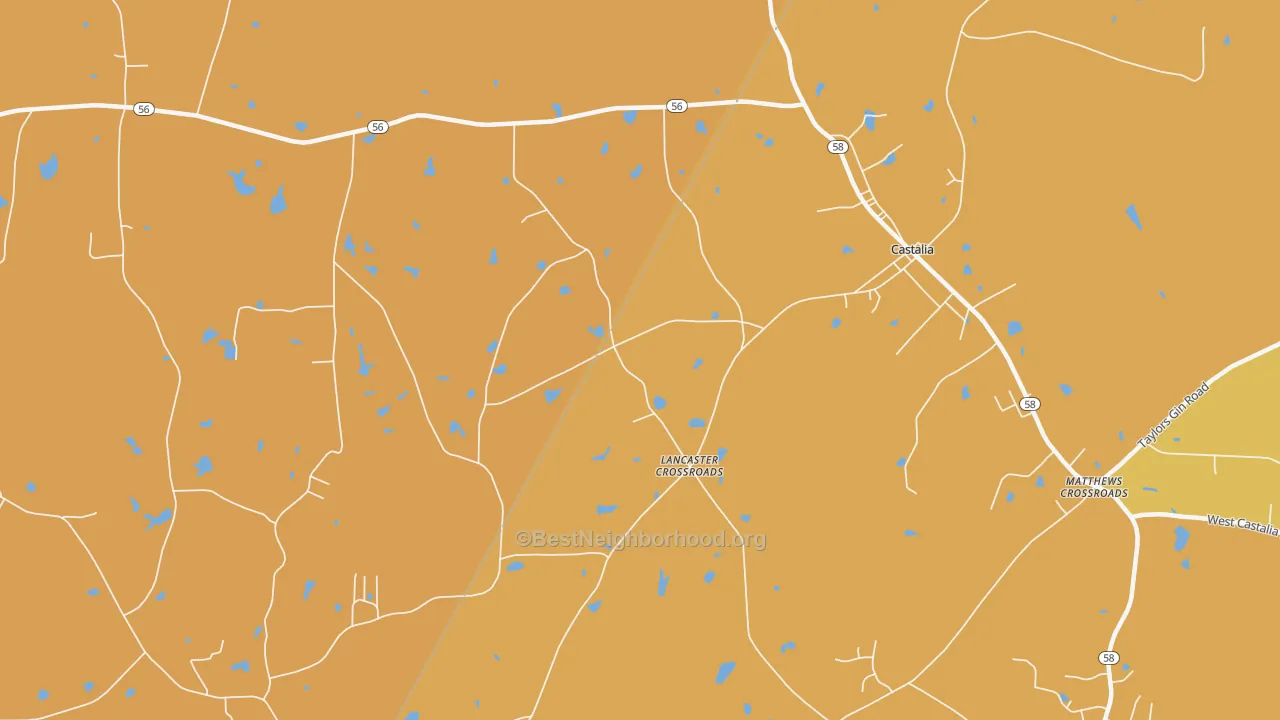 Map of the best neighborhoods in the Lancaster Crossroads area, with better matches in green and worse matches in red