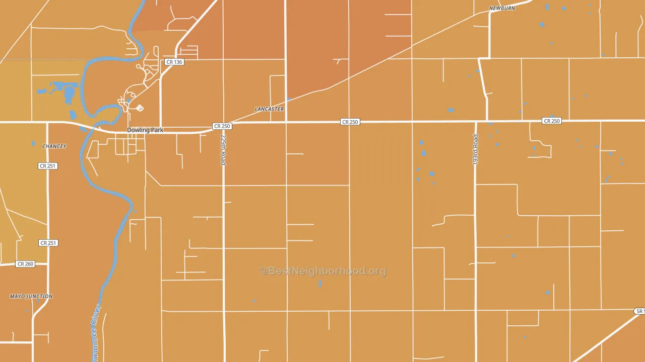 Map of the best neighborhoods in the Lancaster area, with better matches in green and worse matches in red