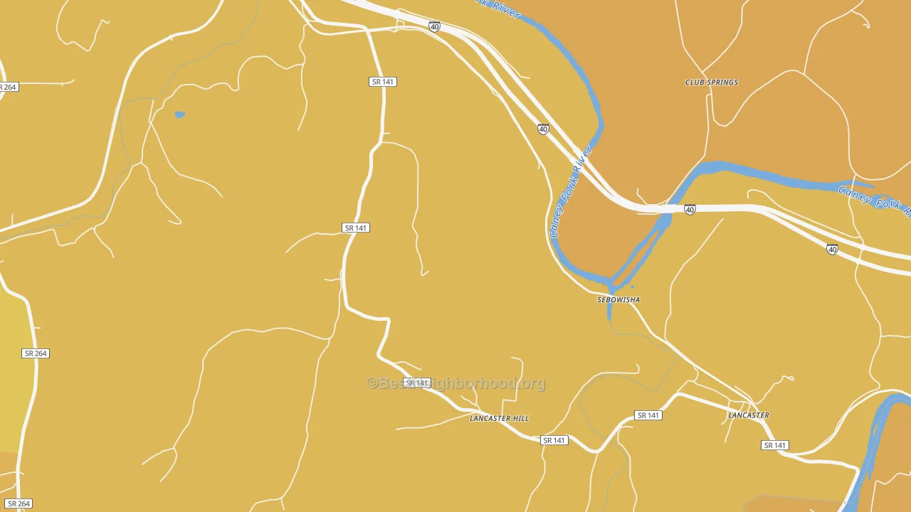 Map of the best neighborhoods in the Lancaster Hill area, with better matches in green and worse matches in red