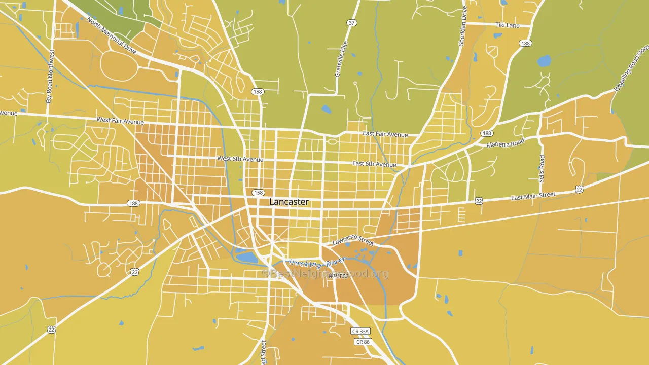 Map of the best neighborhoods in the Lancaster Historic District, Lancaster area, with better matches in green and worse matches in red