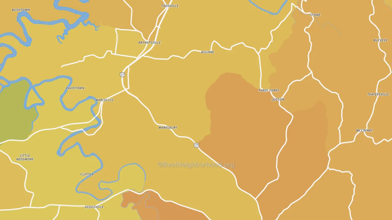 Map of the best neighborhoods in the Lancaster area, with better matches in green and worse matches in red