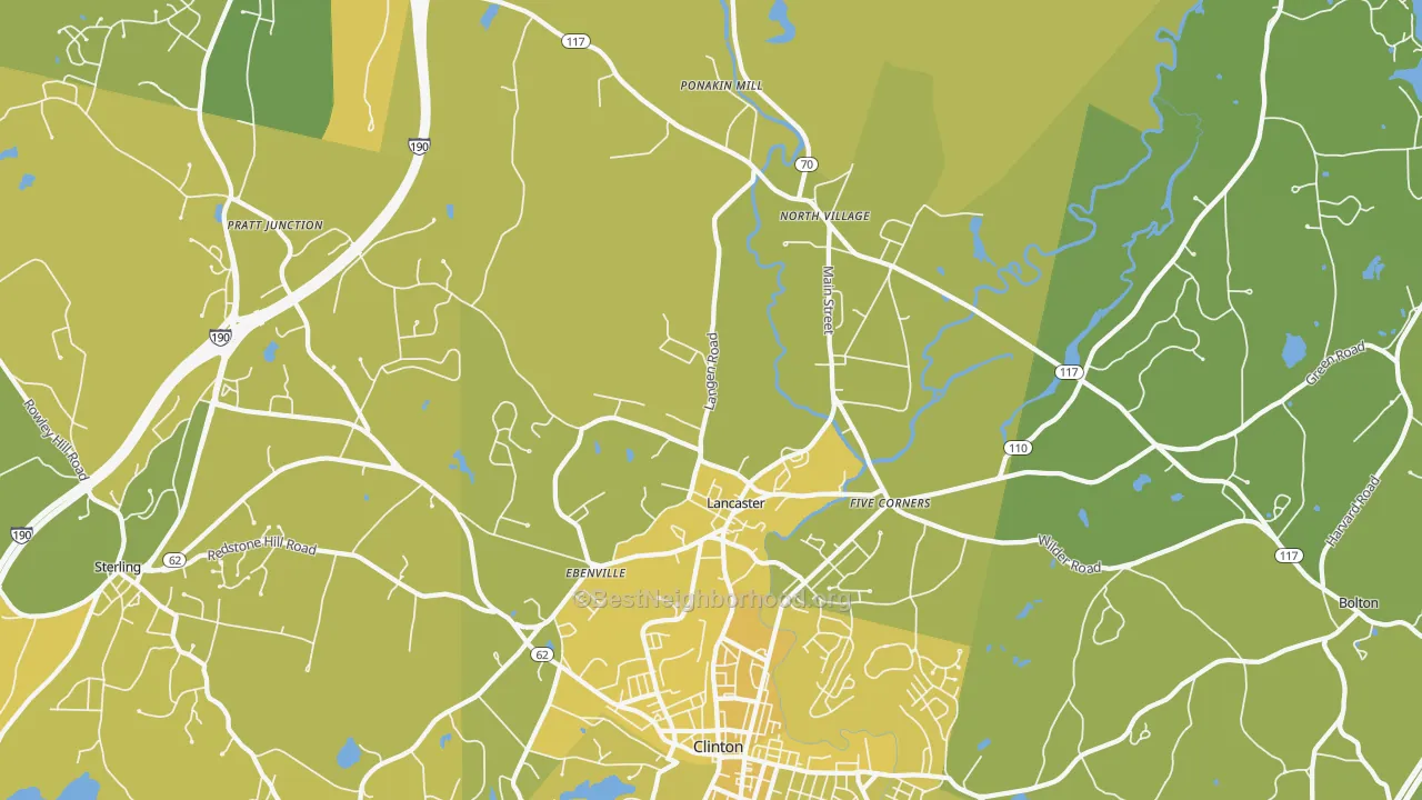 Map of the best neighborhoods in the Lancaster area, with better matches in green and worse matches in red