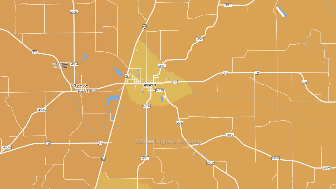 Map of the best neighborhoods in the Lancaster area, with better matches in green and worse matches in red