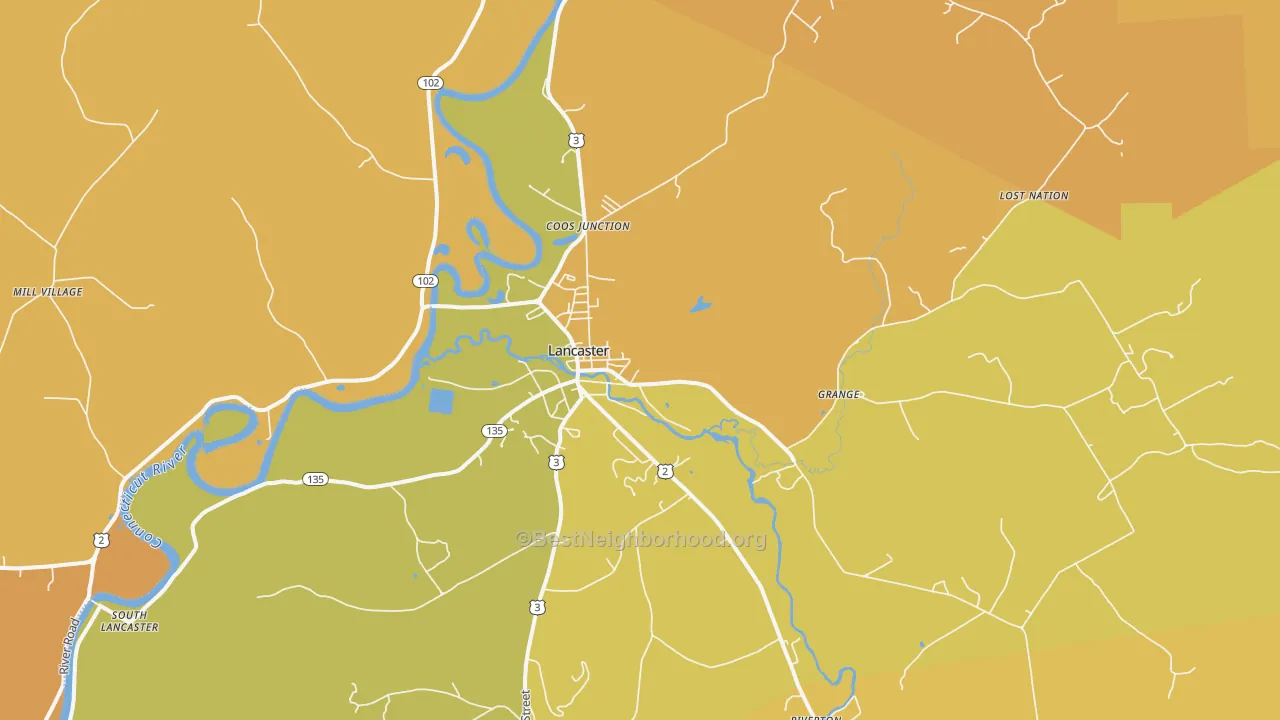 Map of the best neighborhoods in the Lancaster area, with better matches in green and worse matches in red