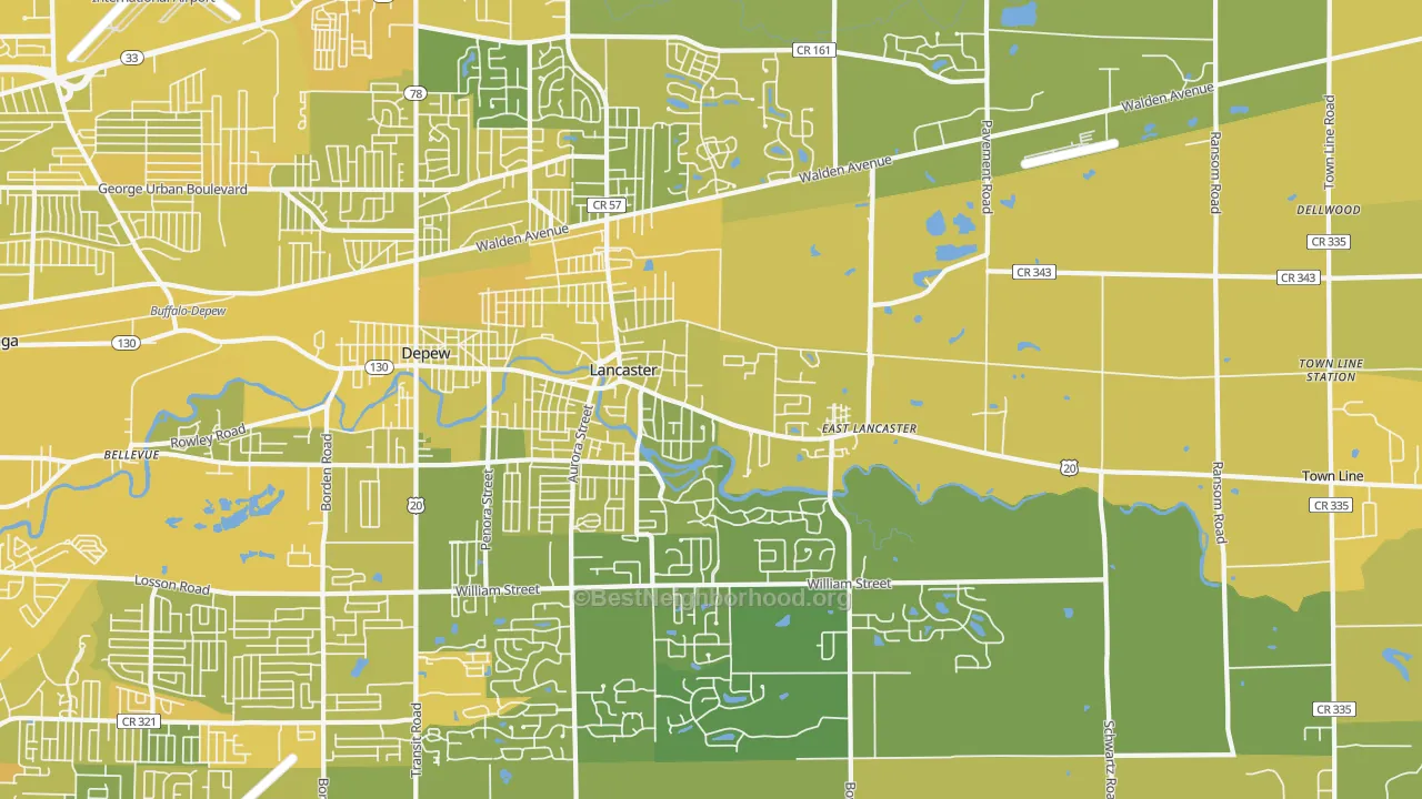 Map of the best neighborhoods in the Lancaster area, with better matches in green and worse matches in red