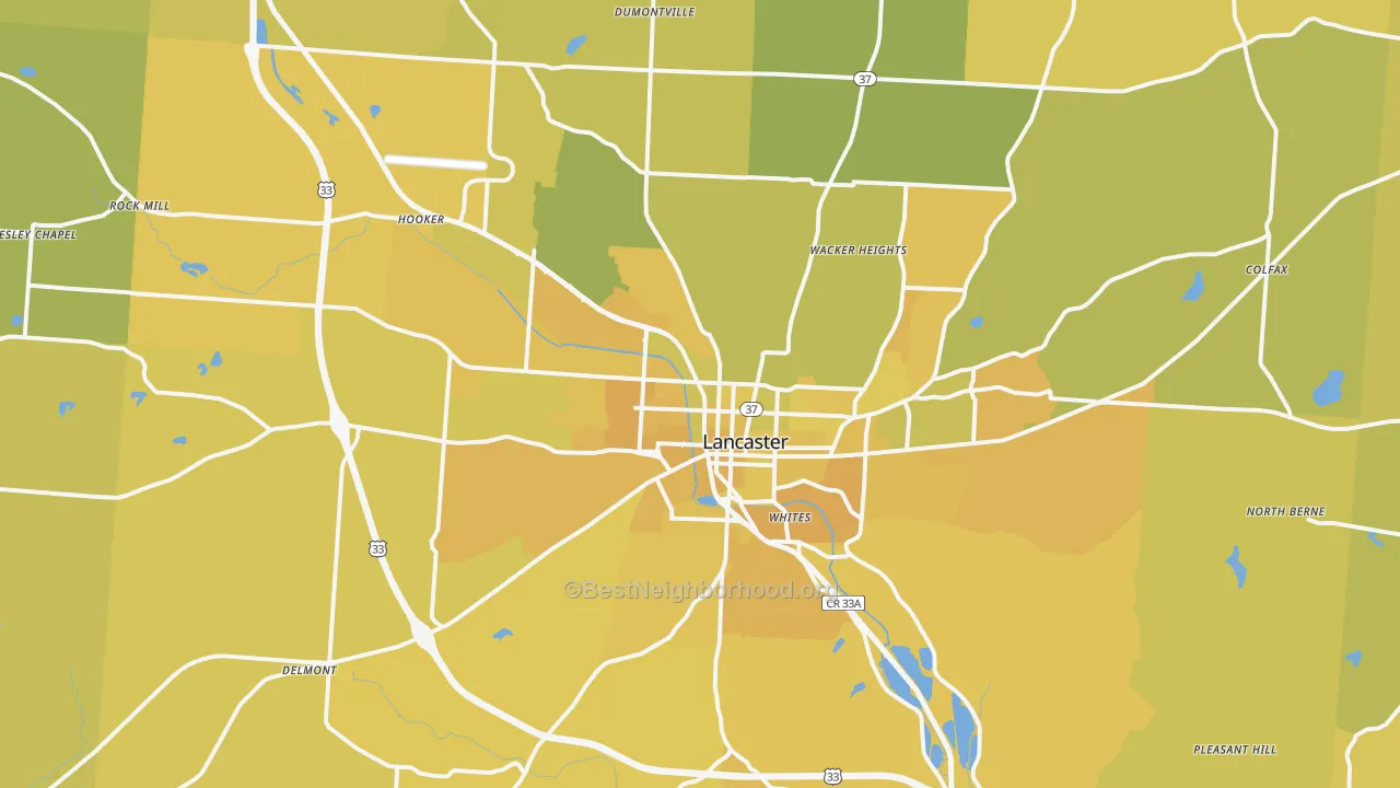 Map of the best neighborhoods in the Lancaster area, with better matches in green and worse matches in red