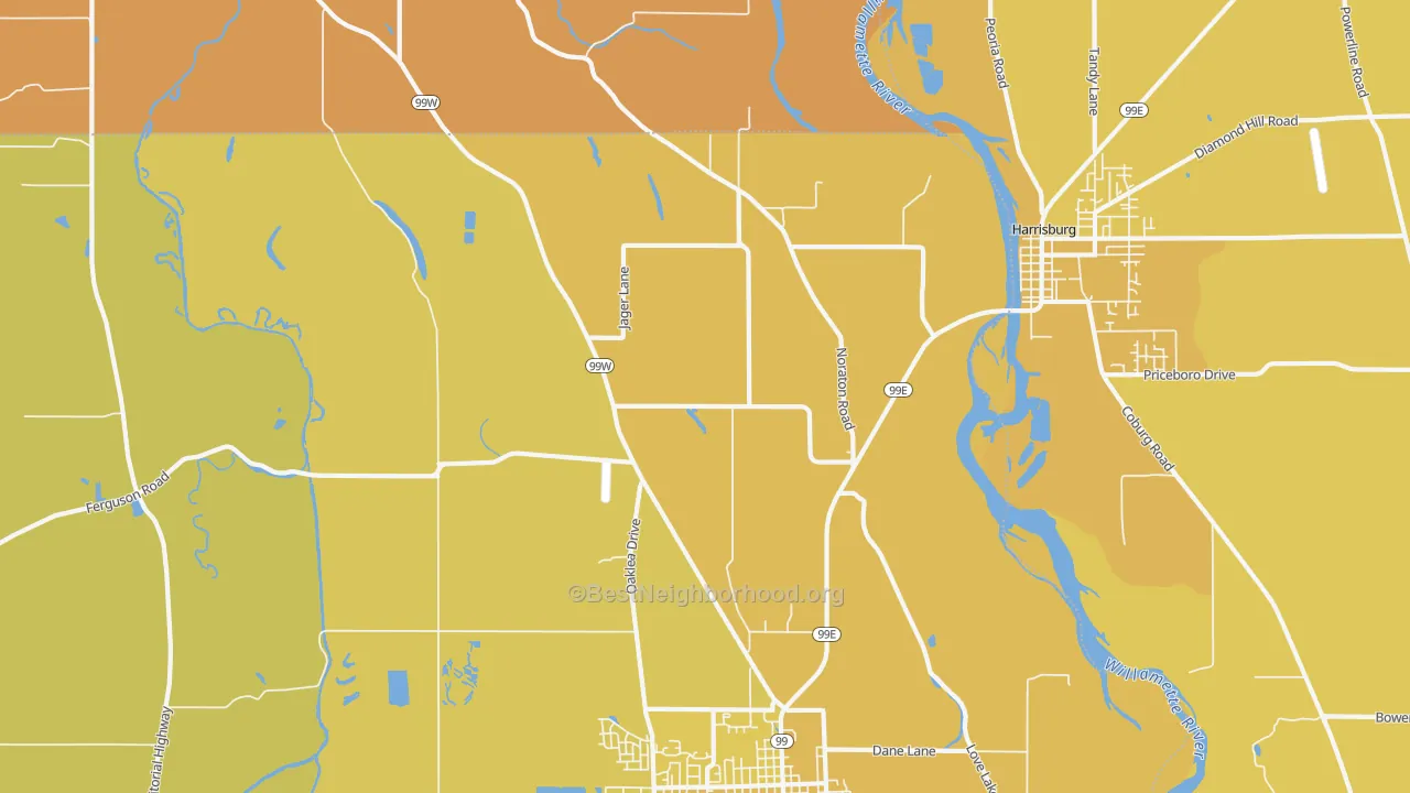 Map of the best neighborhoods in the Lancaster area, with better matches in green and worse matches in red