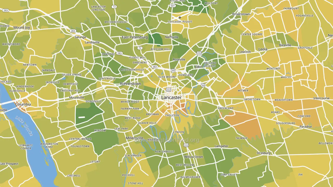 Map of the best neighborhoods in the Lancaster Metro area, with better matches in green and worse matches in red