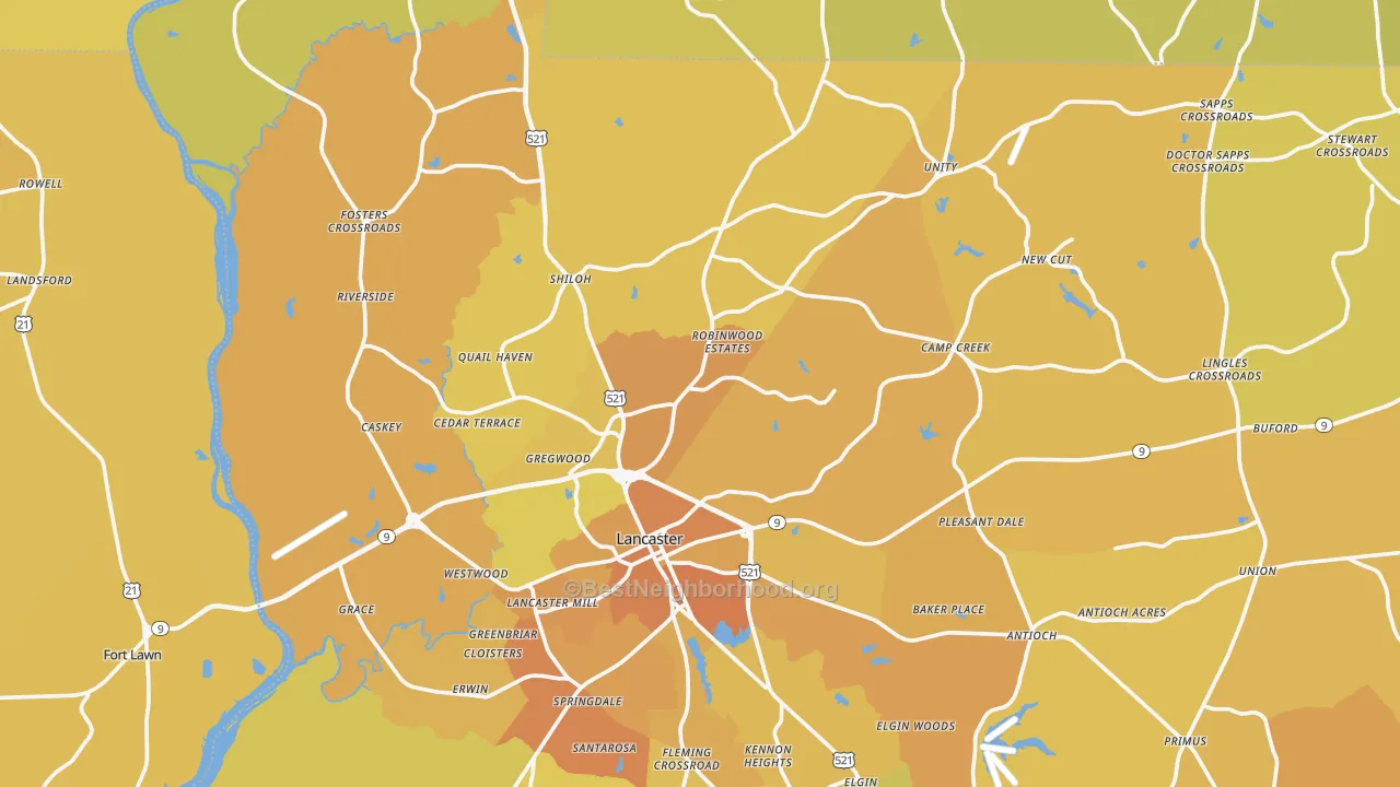 Map of the best neighborhoods in the Lancaster area, with better matches in green and worse matches in red