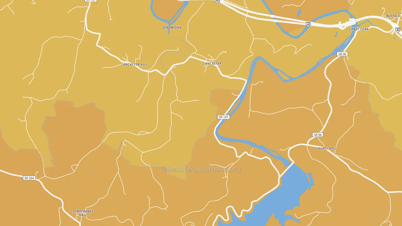 Map of the best neighborhoods in the Lancaster area, with better matches in green and worse matches in red