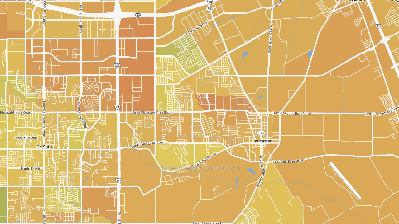 Map of the best neighborhoods in the Lancaster area, with better matches in green and worse matches in red