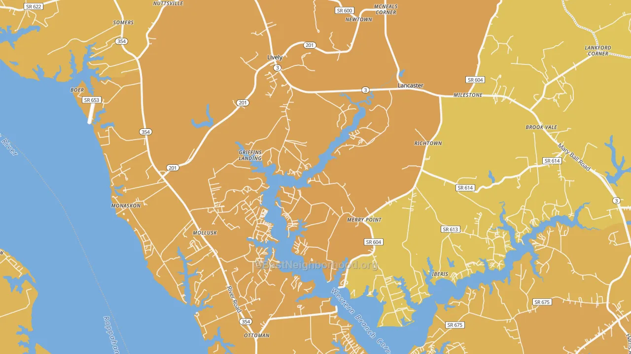 Map of the best neighborhoods in the Lancaster area, with better matches in green and worse matches in red