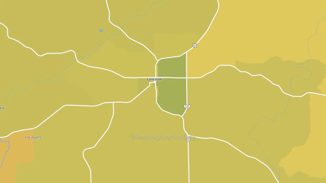 Map of the best neighborhoods in the Lancaster area, with better matches in green and worse matches in red