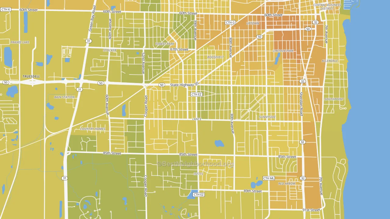 Map of the best neighborhoods in the Lance, Kenosha area, with better matches in green and worse matches in red