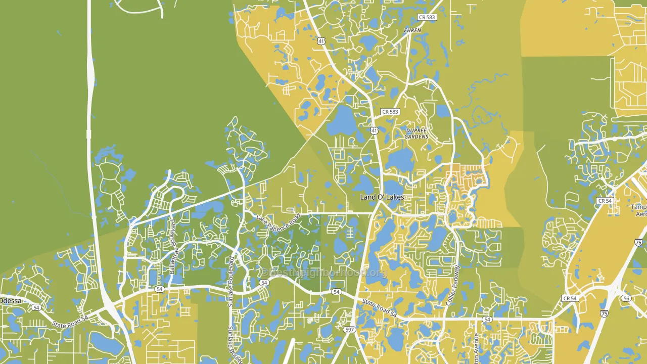 Map of the best neighborhoods in the Land O' Lakes area, with better matches in green and worse matches in red
