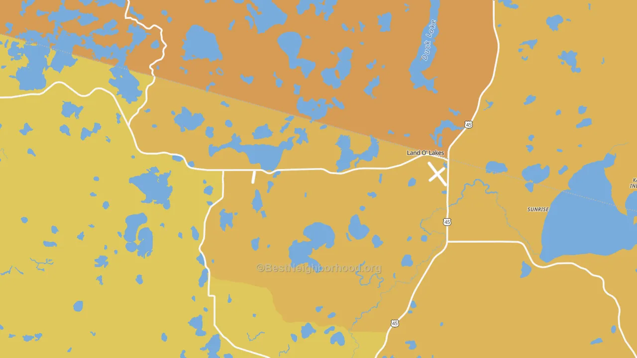 Map of the best neighborhoods in the Land O' Lakes area, with better matches in green and worse matches in red