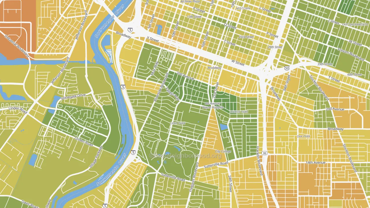 Map of the best neighborhoods in the Land Park, Sacramento area, with better matches in green and worse matches in red