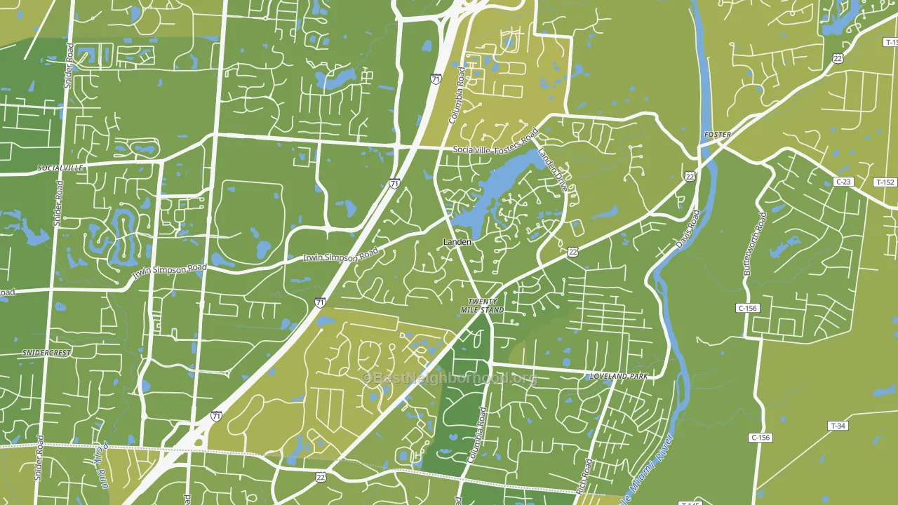 Map of the best neighborhoods in the Landen area, with better matches in green and worse matches in red