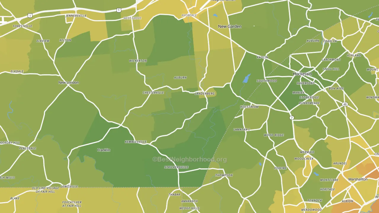 Map of the best neighborhoods in the Landenberg area, with better matches in green and worse matches in red
