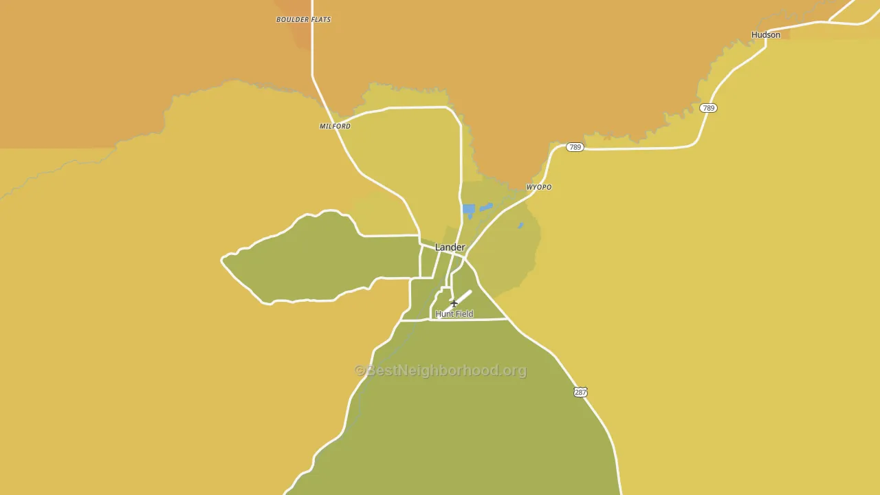 Map of the best neighborhoods in the Lander area, with better matches in green and worse matches in red