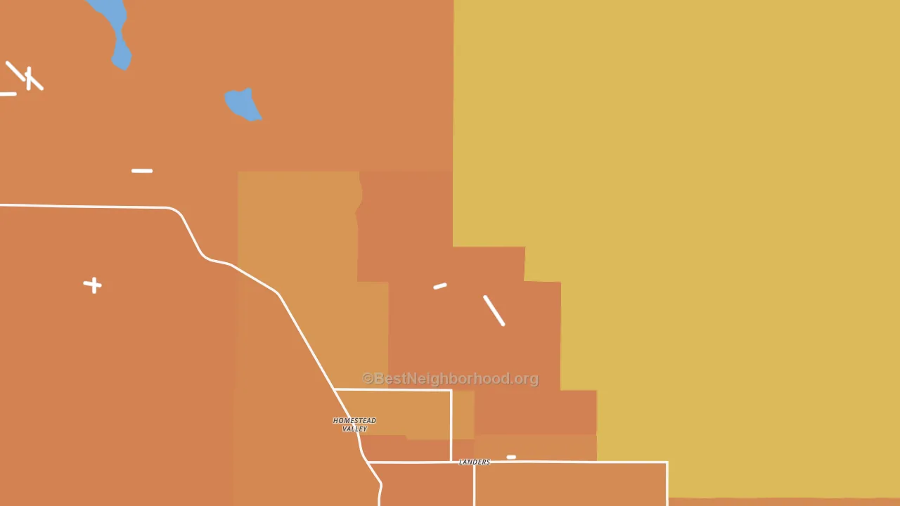Map of the best neighborhoods in the Landers area, with better matches in green and worse matches in red