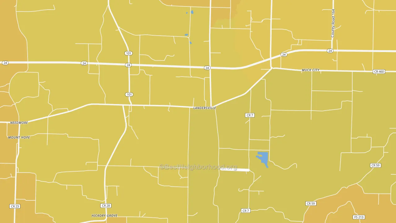 Map of the best neighborhoods in the Landersville area, with better matches in green and worse matches in red