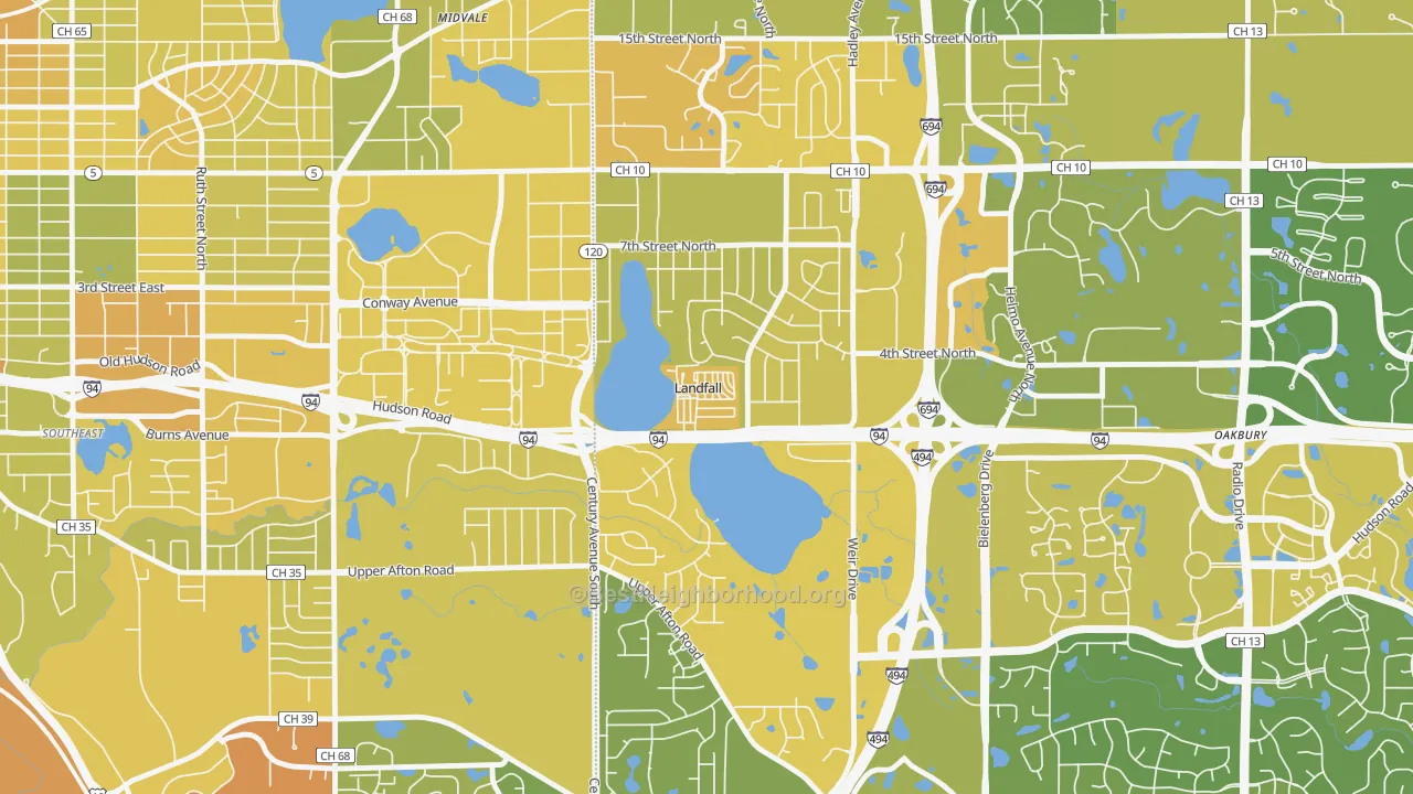 Map of the best neighborhoods in the Landfall area, with better matches in green and worse matches in red
