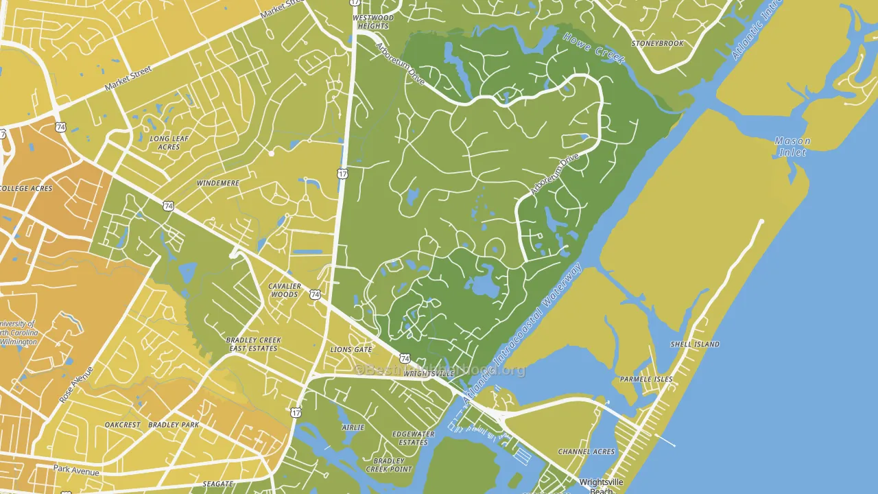 Map of the best neighborhoods in the Landfall, Wilmington area, with better matches in green and worse matches in red