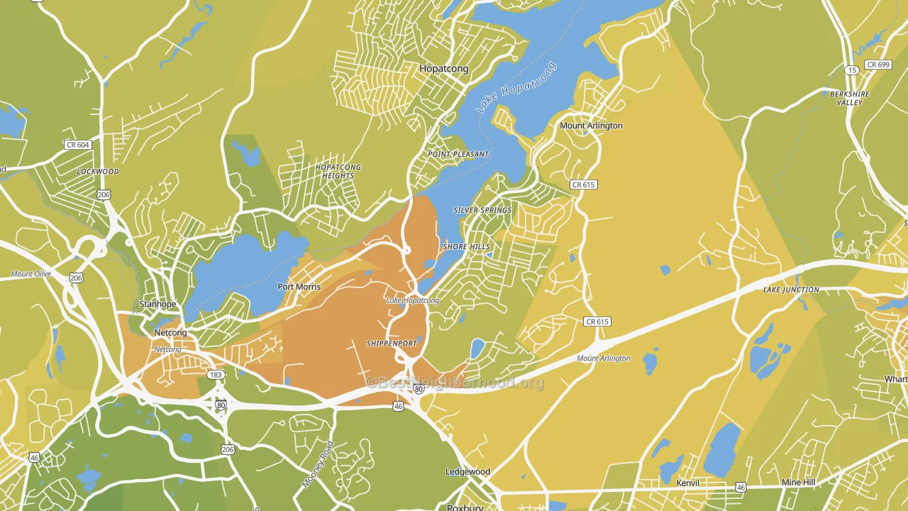 Map of the best neighborhoods in the Landing area, with better matches in green and worse matches in red