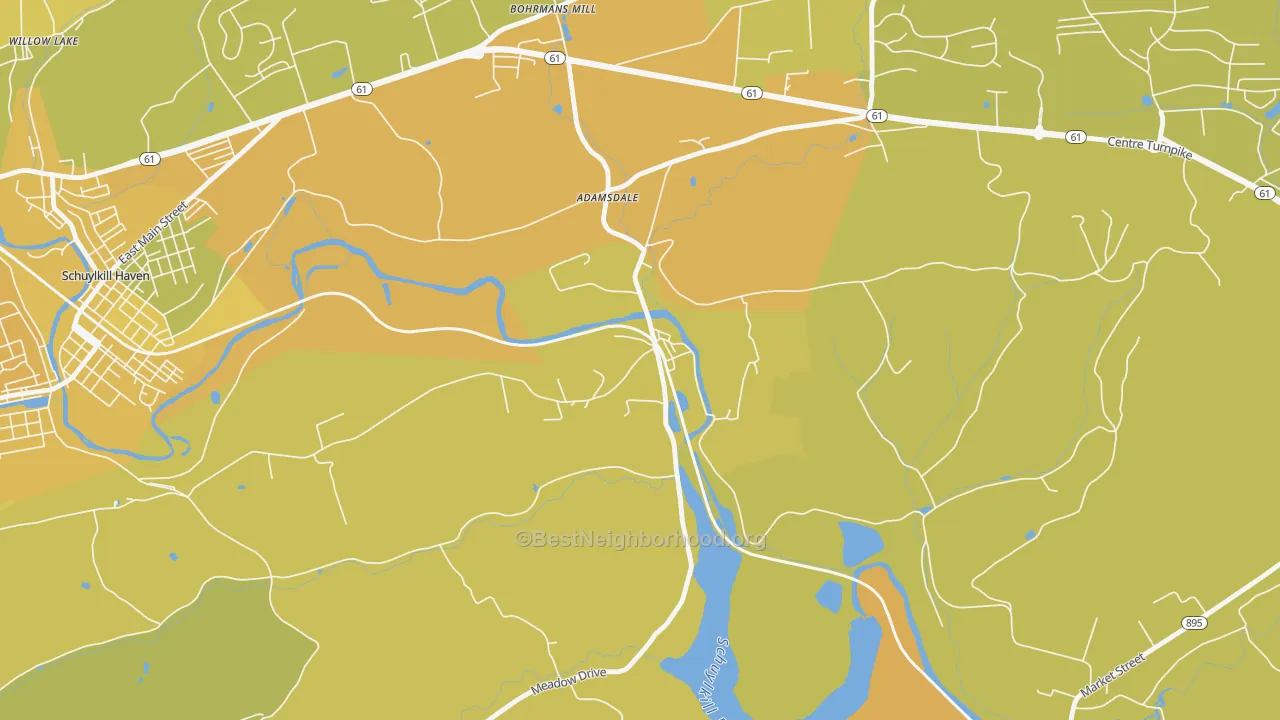 Map of the best neighborhoods in the Landingville area, with better matches in green and worse matches in red