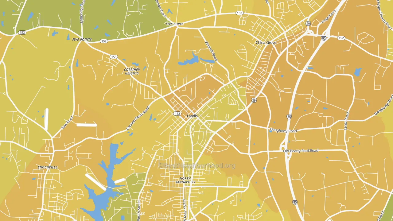 Map of the best neighborhoods in the Landis area, with better matches in green and worse matches in red