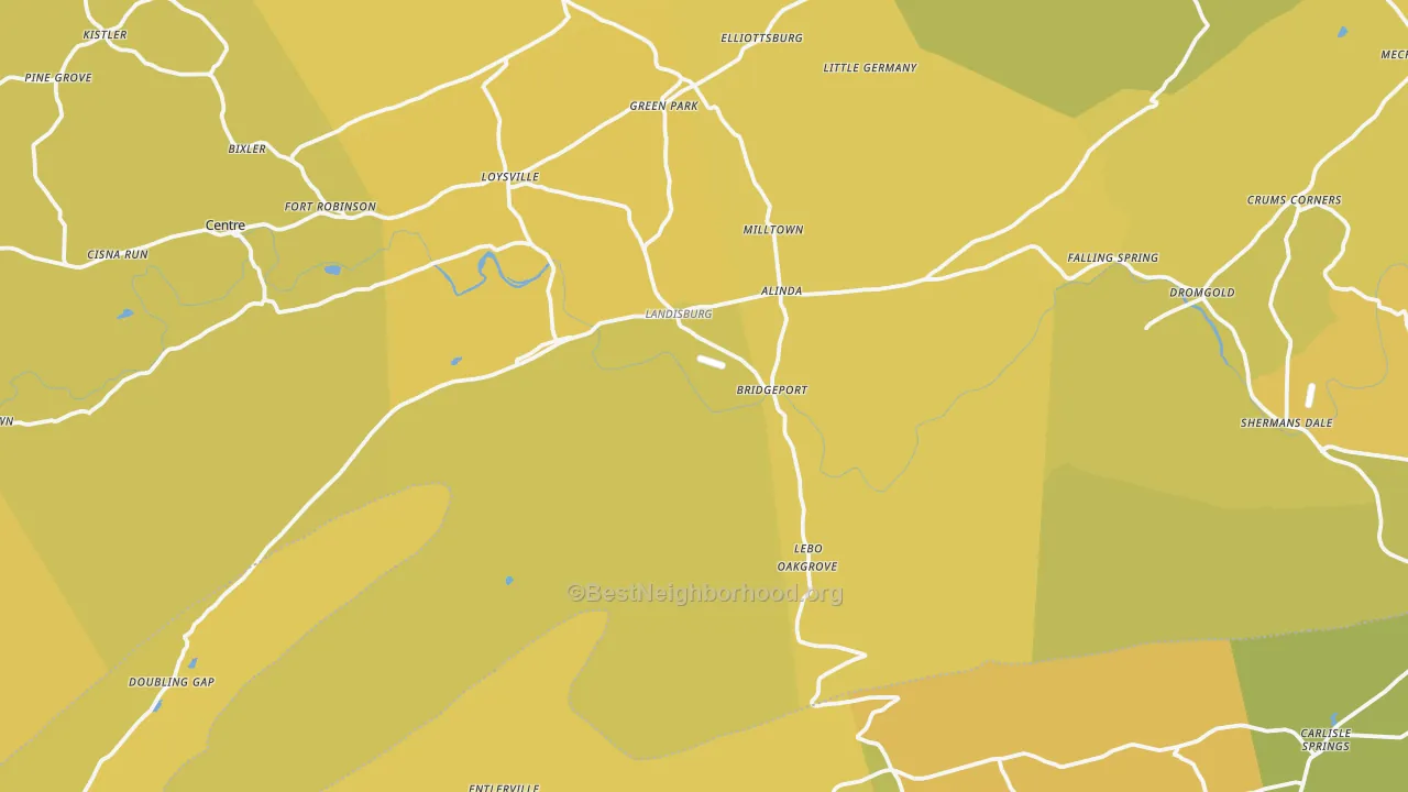 Map of the best neighborhoods in the Landisburg area, with better matches in green and worse matches in red