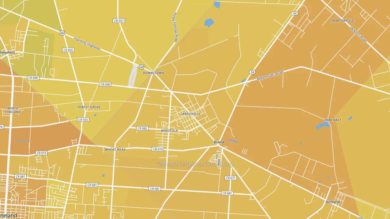 Map of the best neighborhoods in the Landisville area, with better matches in green and worse matches in red