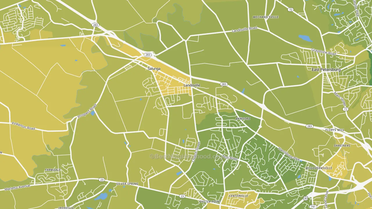 Map of the best neighborhoods in the Landisville area, with better matches in green and worse matches in red