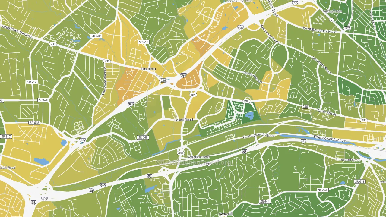 Map of the best neighborhoods in the Landmark-Van Dom, Alexandria area, with better matches in green and worse matches in red