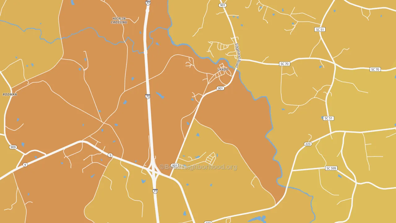 Map of the best neighborhoods in the Lando area, with better matches in green and worse matches in red