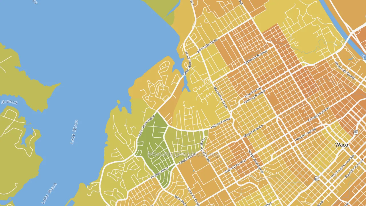 Map of the best neighborhoods in the Landon Branch, Waco area, with better matches in green and worse matches in red