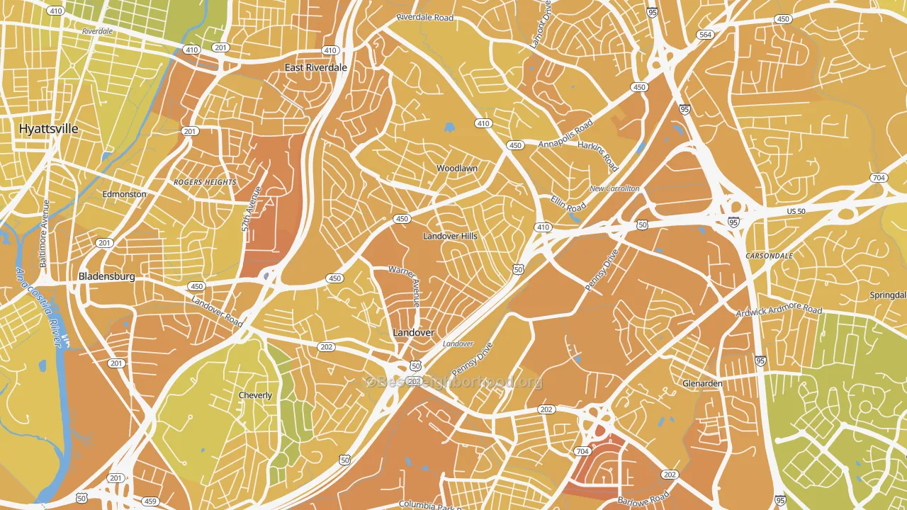 Map of the best neighborhoods in the Landover Hills area, with better matches in green and worse matches in red